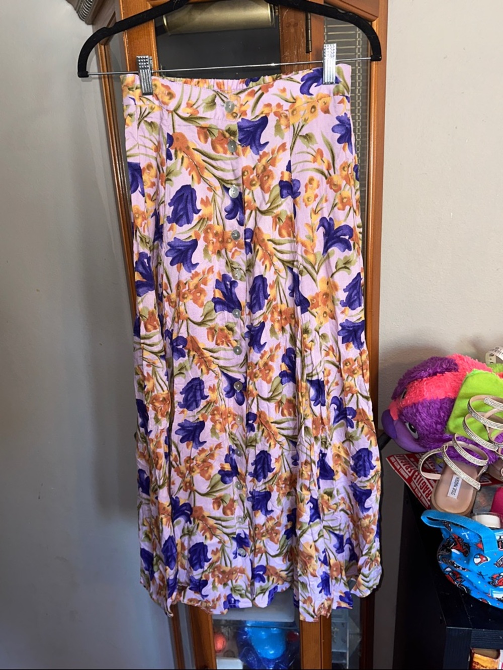 Vintage Impressions Floral Button-Front Maxi Skirt in Purple and Peach